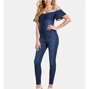New GUESS denim jumpsuit w/ ruched details, flutter sleeves, back zipper. Size S